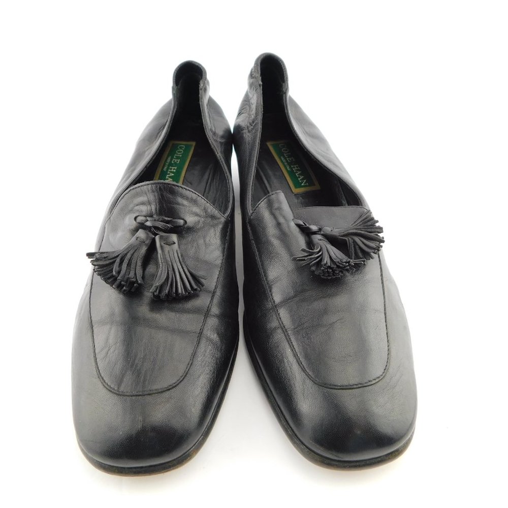 COLE HAAN Black Italian Leather Block Heel Tassel Loafers 10